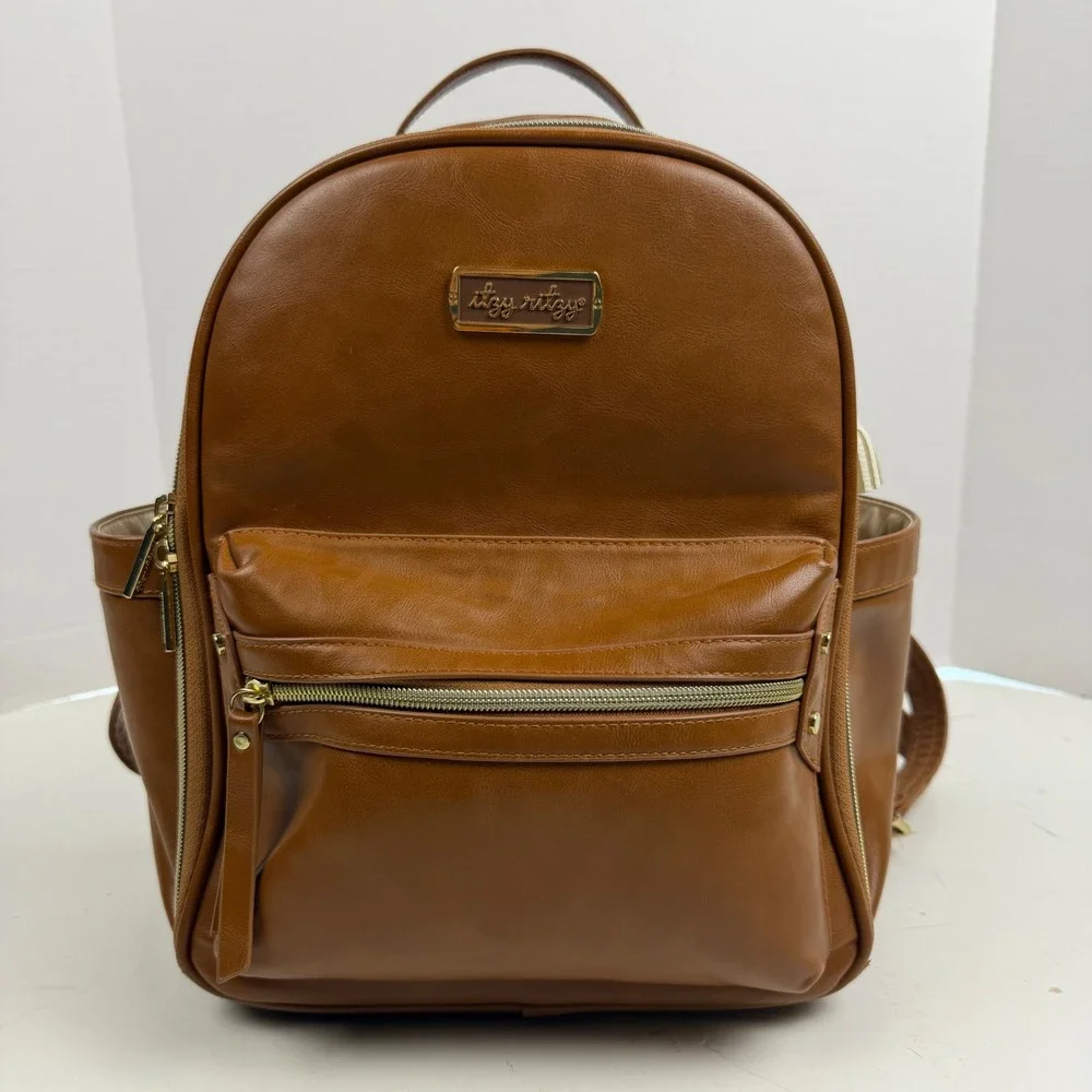 Itzy Ritzy Boss Backpack Diaper Bag Cognac Brown Vegan Leather Gold Hardware